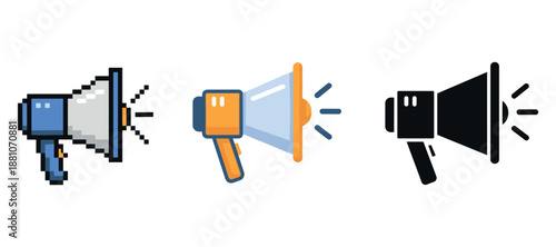 Pixel, flat, and silhouette megaphone illustrations side-by-side