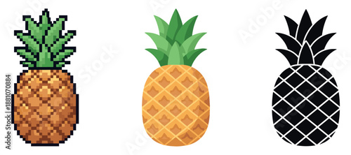 Pixel, flat, and silhouette pineapple designs in various styles