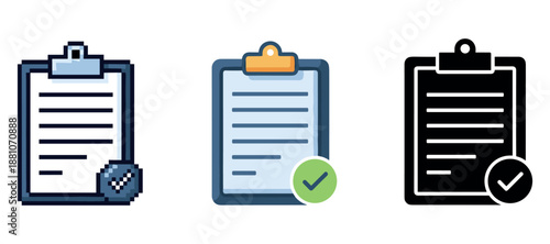 Three clipboard styles with checklist icons: pixel, modern, outline