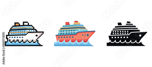 Variety of cruise ship icons: pixelated, colorful, and silhouette designs