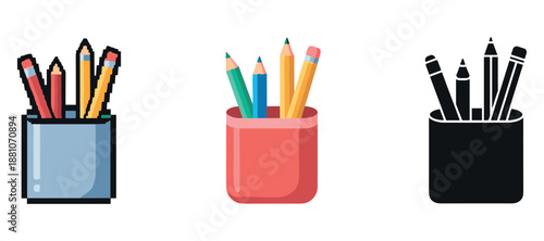Set of pencil holders with colored pencils in pixel art, flat, and silhouette styles