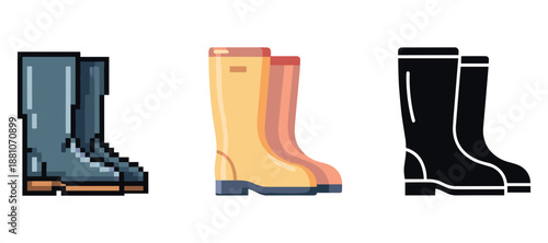 Pixel art, flat, and silhouette boots in a trio of styles