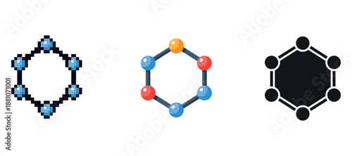 Pixelated, colorful, and flat hexagonal molecular structures