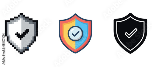 Variety of shield icons with check marks in pixelated, colorful, and monochrome styles