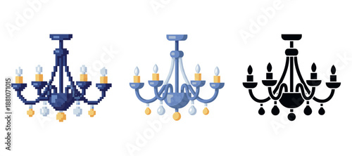 Three chandelier designs: pixel art, modern color, black silhouette on white background