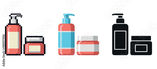Vector set of lotion bottles and cream jars with different designs for skincare