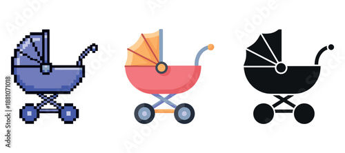 Set of three baby stroller icons in pixel, color, silhouette styles