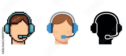 Headset icons: pixelated, flat, silhouette representations of customer support