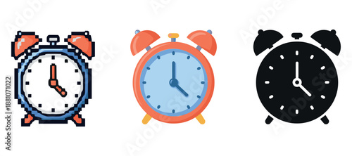Set of three alarm clocks: pixel art, classic, silhouette designs