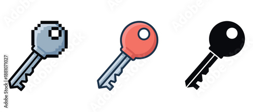 Pixel, cartoon, and silhouette styles: three unique key designs on white background