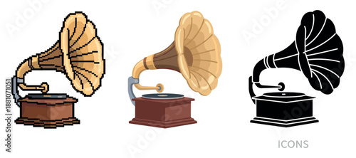 Retro gramophone icons: pixel art, cartoon, silhouette styles in vector design