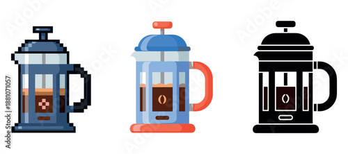 French press trio: pixel art, cartoon, silhouette coffee makers on white background