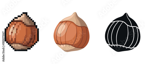 Pixel, realistic, and silhouette hazelnut illustrations in three styles