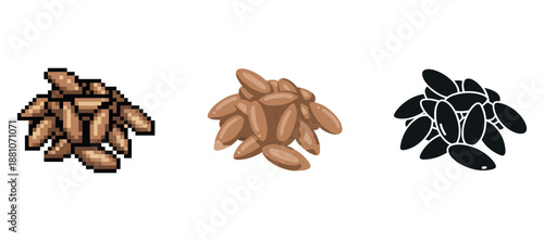 Pixelated vs. realistic vs. silhouette rice grains on white background