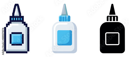 Digital art of glue bottles: pixelated, cartoony, and silhouette styles