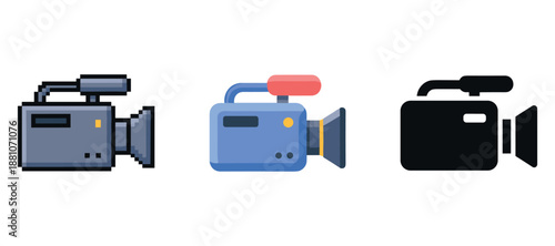 Retro pixel, flat, and silhouette video cameras on white background