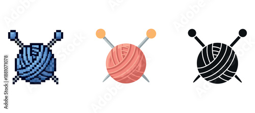 Three knitting yarn ball icons: pixelated, cartoon, silhouette styles