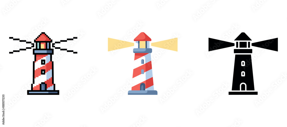 Obraz premium Pixel, flat, and silhouette lighthouse icons with red and white stripes