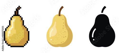 Pixelated, cartoon, and silhouette pears on white background