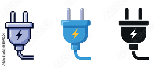 Pixel, flat, and silhouette electric plugs with lightning bolt symbols