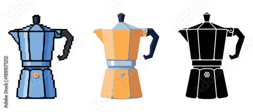 Pixel art and silhouette of colorful moka pots against white background