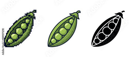 Set of green pea pods in pixel, cartoon, and silhouette styles