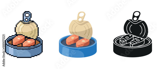 Set of open canned salmon icons in pixel art and monochrome styles