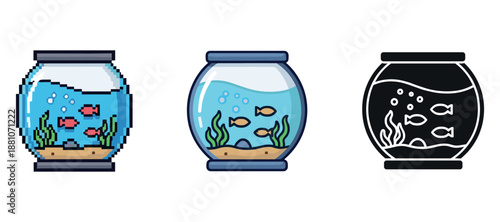Three aquarium icon variations in pixel, cartoon, and silhouette styles