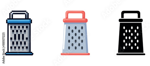 Set of three cheese graters in colorful and black silhouette styles