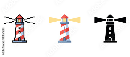 Pixel, flat, and silhouette lighthouse icons with red and white stripes
