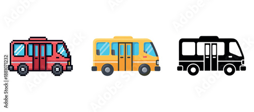 Pixel art, flat, and silhouette bus icons: red, yellow, and black designs