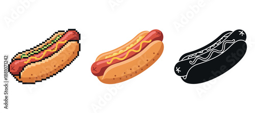 Hot dog evolution: pixel art, realistic, and silhouette styles