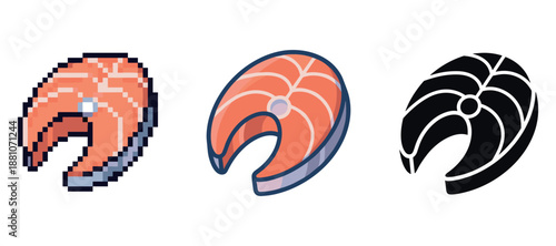 Salmon steak icons: pixel, flat, and silhouette design variations
