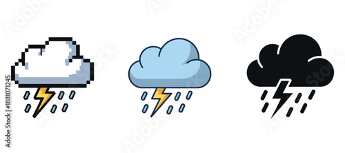 Pixel, flat, and solid style thunderstorm clouds with lightning and rain drops