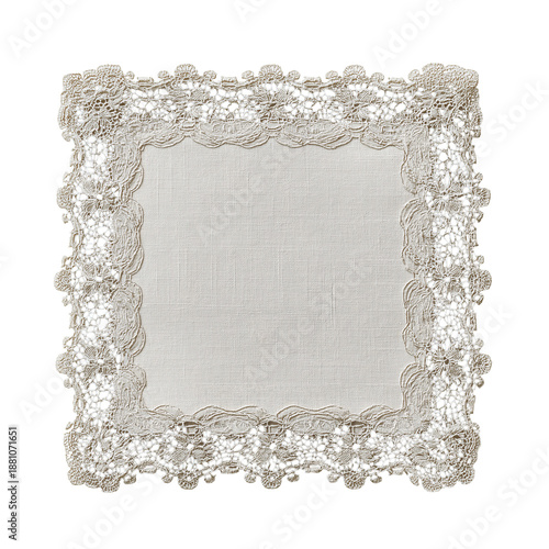 Square linen napkin with intricate cream lace border and floral motifs isolated on a transparent background