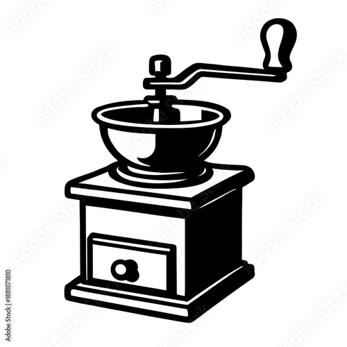 Classic hand crank coffee grinder vector illustration for brewing fresh coffee at home. Perfect for vintage kitchen decor, espresso preparation, or manual grinding needs, ideal for all coffee beans.