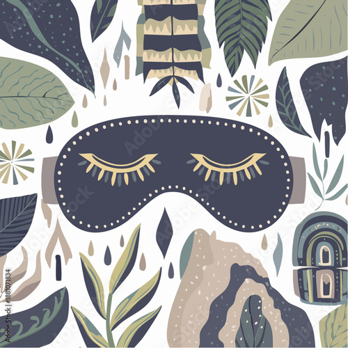 Sleep mask surrounded by calming leaves and nature elements
