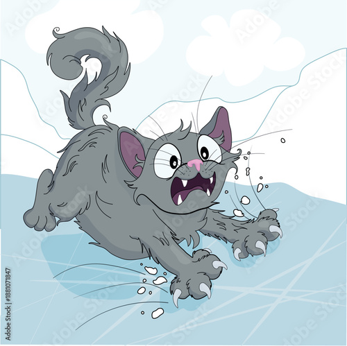 Funny cartoon gray cat slipping and falling on ice. Cute shocked kitten with expressive face and dynamic pose. Whinter accident, humor situation. Perfect for children illustration, stickers, comics.