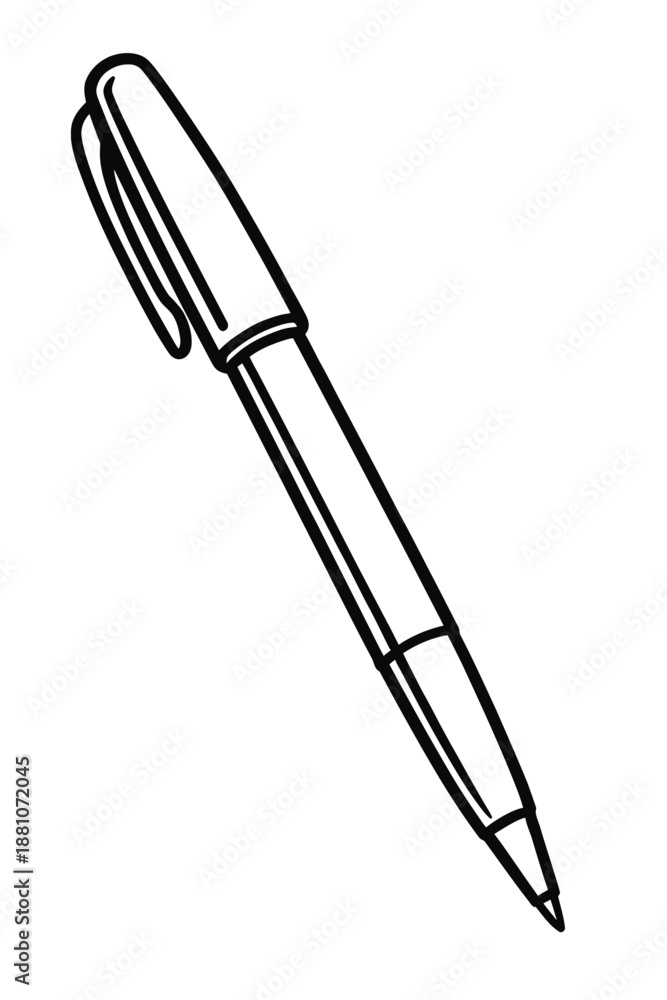 Fototapeta premium Detailed Black and White Line Art Illustration of a Classic Felt-Tip Pen with Cap and Clip, Perfect for Stationery Designs, Office Supplies, School Resources, and Creative Art Projects – A Versatile V