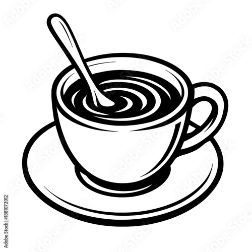 Crisp black and white line art illustration of a coffee cup with saucer and stirring spoon, showcasing a swirling hot beverage. Ideal vector graphic for cafe branding, menus, breakfast visuals, coffee