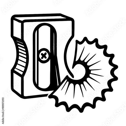 Crisp black and white line art illustration of a traditional manual pencil sharpener, accompanied by a beautifully coiled wood shaving. Essential for educational, office, or art-related content, conve