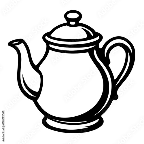 Elegant Black and White Teapot Vector Outline Illustration – A Classic Kitchenware Icon for Hot Beverages, Traditional Tea Pot Design Ideal for Cozy Tea Time, Afternoon Gatherings, and Stylish Home De
