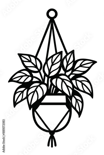 Elegant black vector silhouette of an indoor hanging houseplant nestled in a beautiful macrame plant hanger, perfect for bohemian and minimalist home decor. Ideal for SVG, craft projects, wall art, an