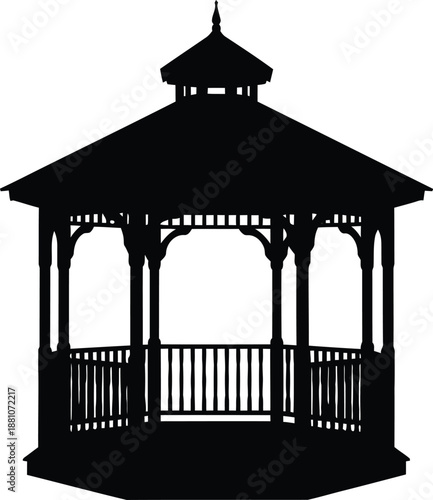 Traditional wooden gazebo silhouette isolated on a white background.