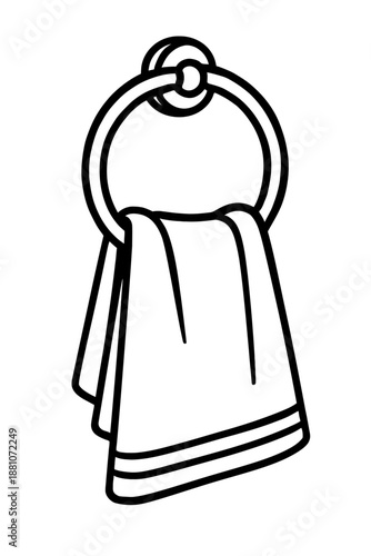 Hanging Hand Towel on Ring Icon Vector - Minimalist Fabric Drapery Illustration for Bathroom Decor and Personal Hygiene. Modern towel holder symbol for interior design, hotels, and household styling.