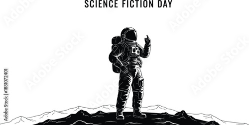 An astronaut stands on a cratered lunar surface, pointing upwards.