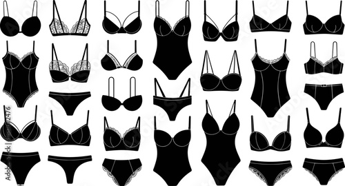 Black Lingerie Silhouette Set Featuring Various Bra Styles Lace Panties and Bodysuits Isolated on White Background for Fashion Design Underwear Catalog and Retail Icons