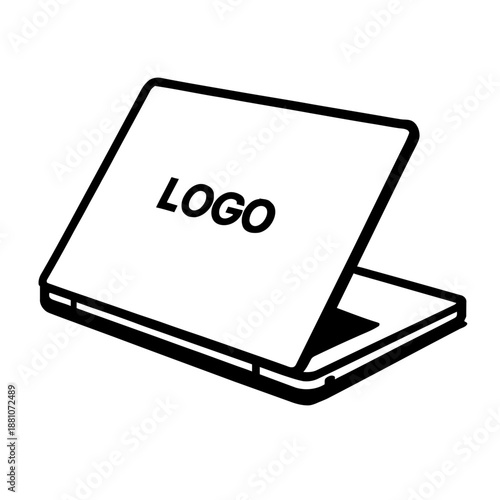 Modern Laptop Computer with Logo Branding Vector Icon - Minimalist Black Line Art Illustration for Business Technology, Remote Work, and Branded Electronics Design
