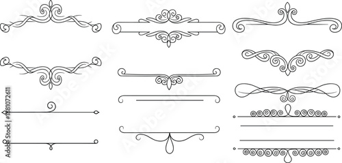 Elegant collection of black calligraphic decorative flourishes borders and dividers vector set for wedding invitations vintage labels certificates and classic stationery design