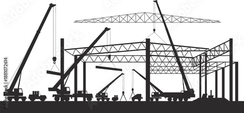 Black Silhouette of Construction Site with Heavy Industrial Cranes Building Steel Frame Structure of Warehouse or Factory Isolated on White Background for Engineering Concept
